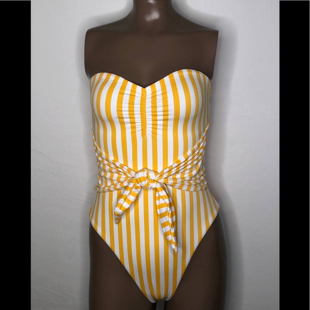 Onia Capri Strapless Striped Front Knot Swimsuit
